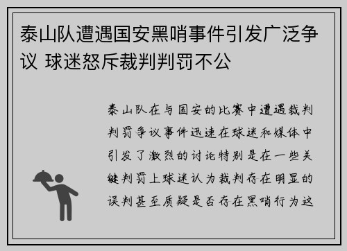 泰山队遭遇国安黑哨事件引发广泛争议 球迷怒斥裁判判罚不公